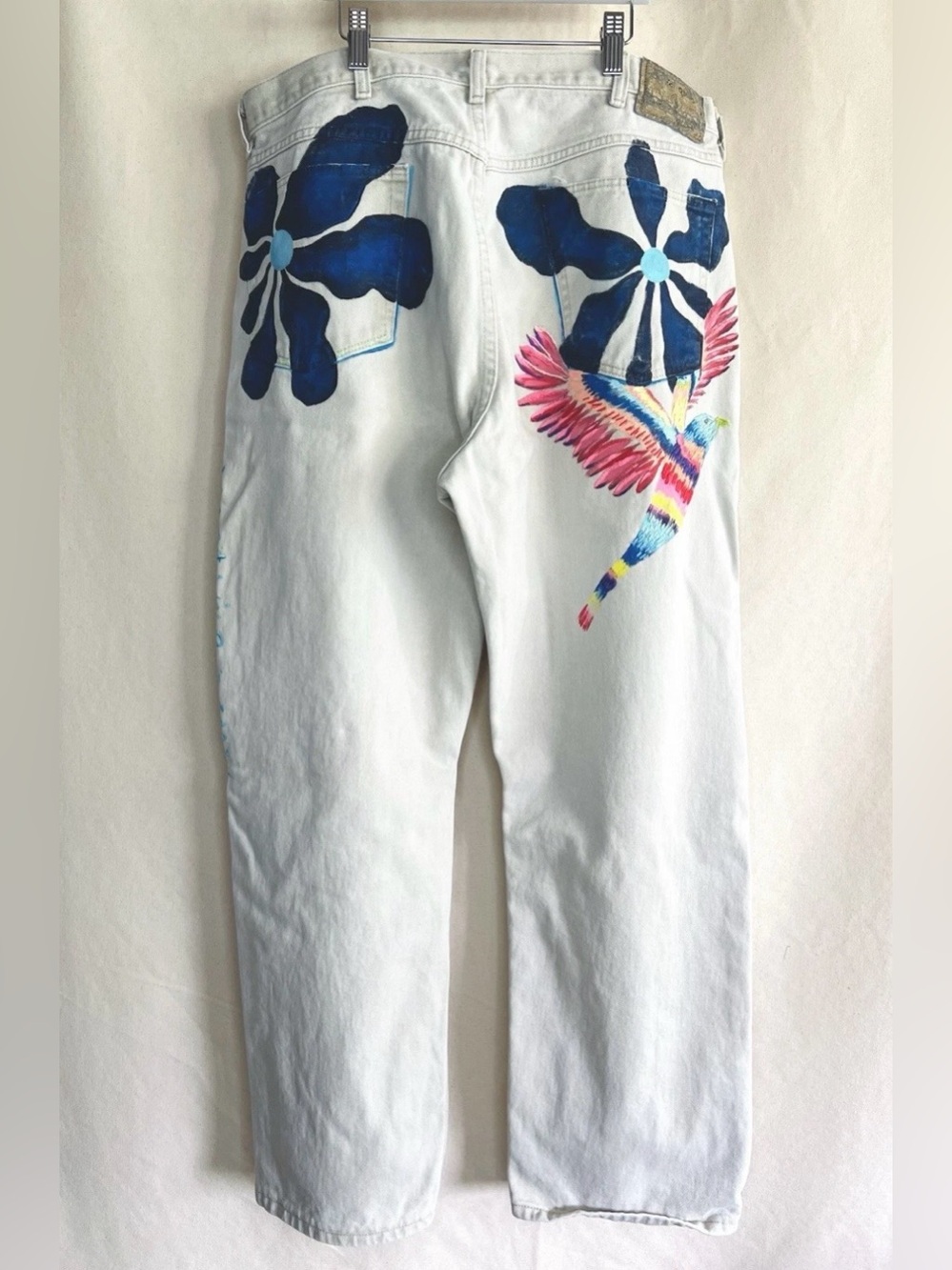 Natural beige vintage Wrangler jeans custom painted and embroidered UNIQUE